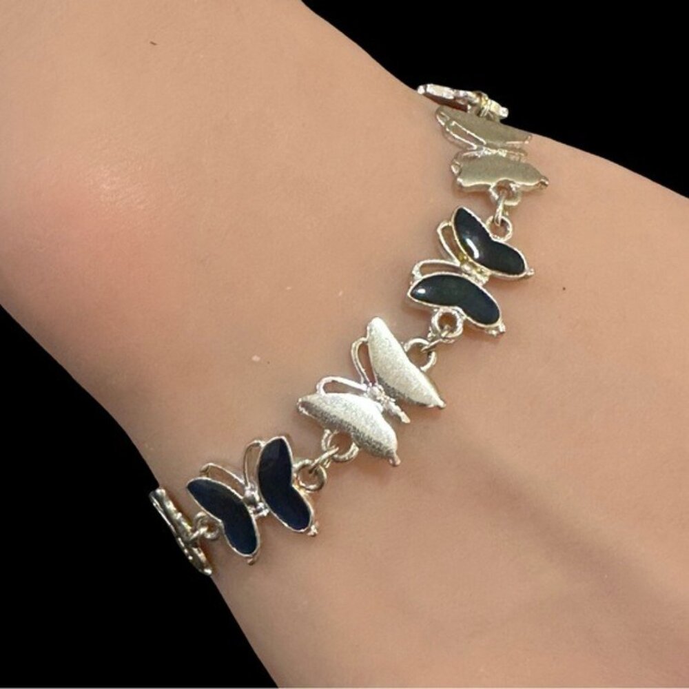 Cool Jewels Silver Butterfly Chain Bracelet With Black Enamel Accents
